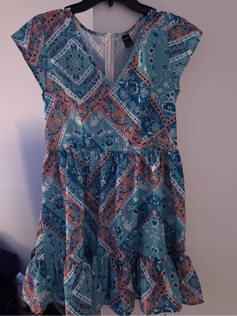 SHEIN Teal and Coral Printed Tiered Summer Cover Up Dress